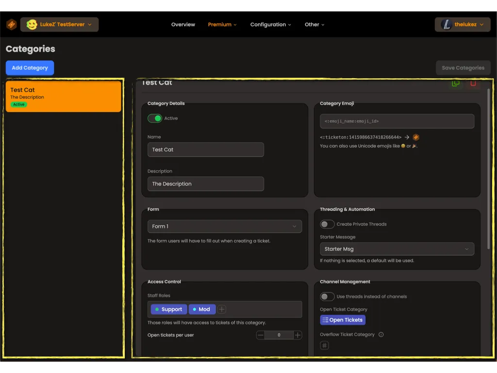 Ticketon Dashboard Category Settings Desktop Example