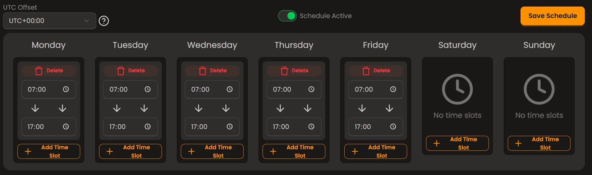 Standard business hours schedule
example