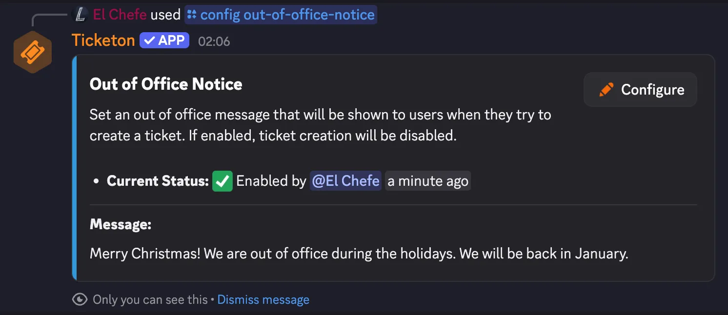Out of Office Notice Command Example