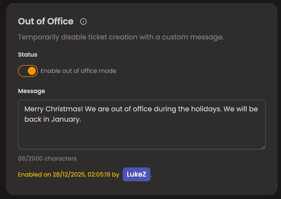 Out of Office Notice in Dashboard