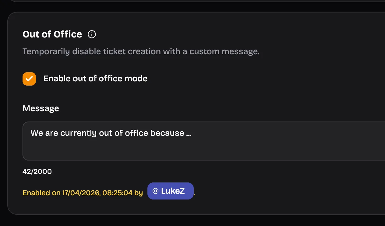Out of Office Notice in Dashboard